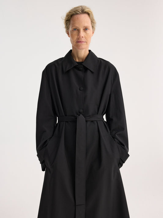 Trenchcoat Med Bælte I Uld-Nylon | Sort